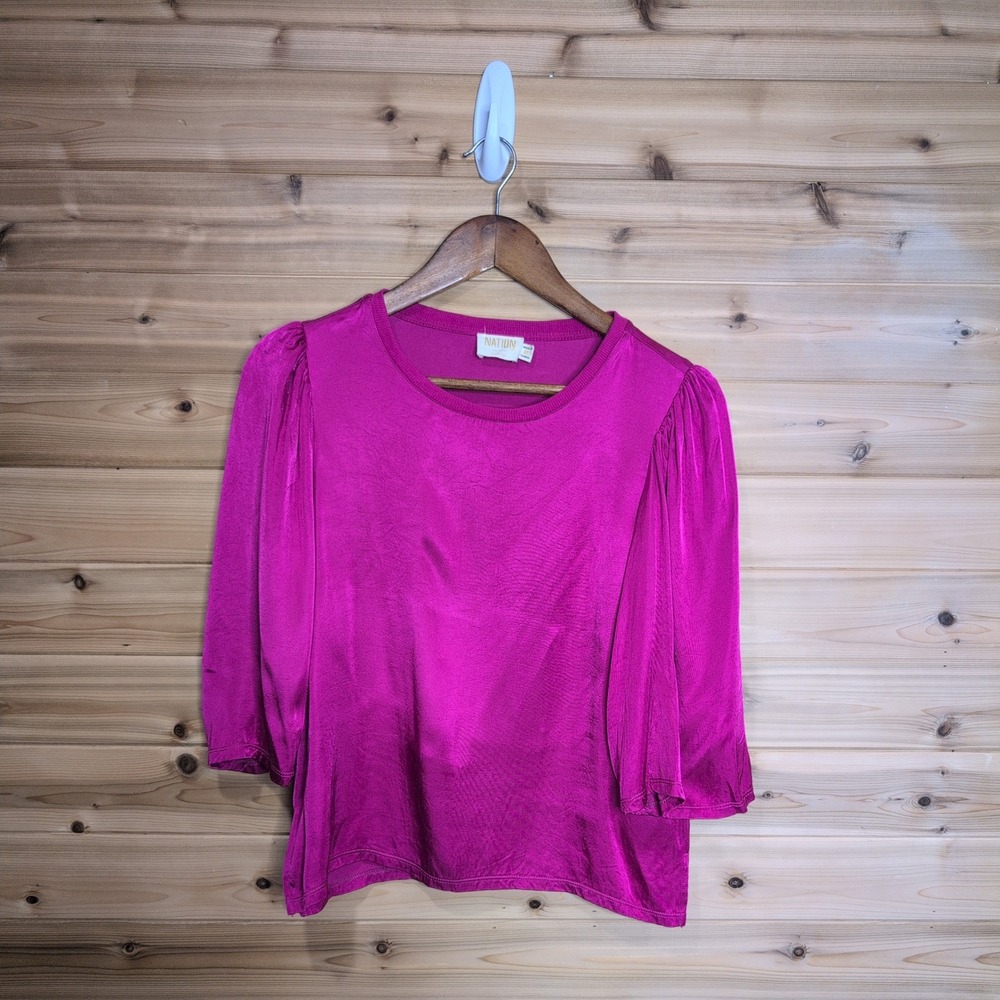 Nation LTD Fuchsia Pink Puff Sleeve Satin Top 1447HS Magenta Blouse Womens M
